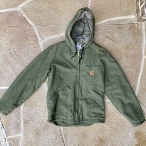 Vtg Carhartt Green Canvas Hooded Sherpa Lined Full Zip Jacket J141 LOV Small